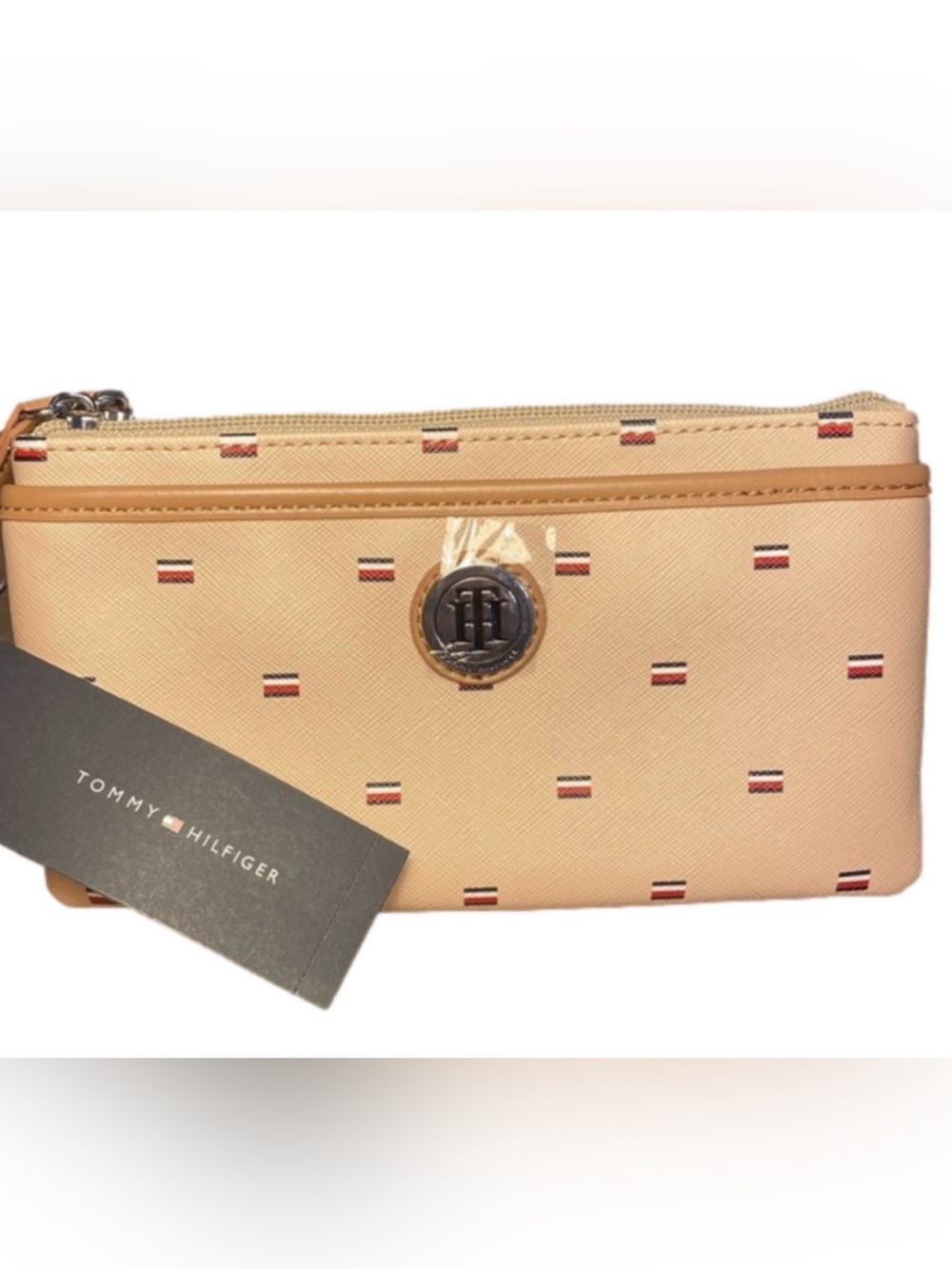 Tommy Hilfiger Cream Double Zip Wristlet Clutch Wallet Red White Blue Logo NWT